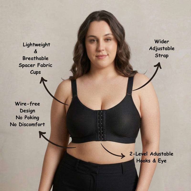 Posture Correction Bra for Women | Breathable Spacer Fabric Cups | Back Support Mesh | Wireless Full Coverage Bra | Daily Wear Comfort Bra for All-Day Support | Black